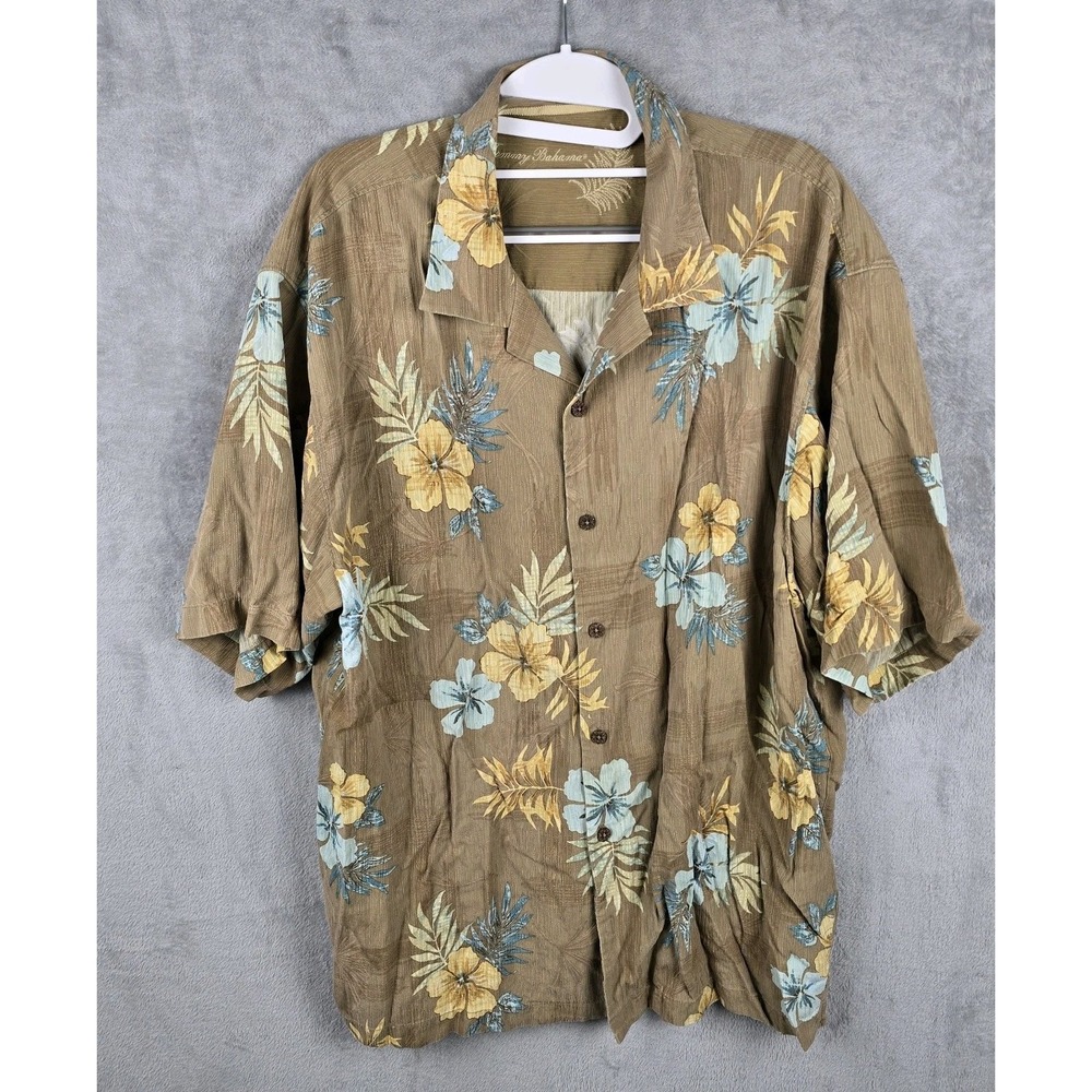Tommy Bahama Mens Large 100% Silk Floral Tropical Camp Shirt Tan Short Sleeve